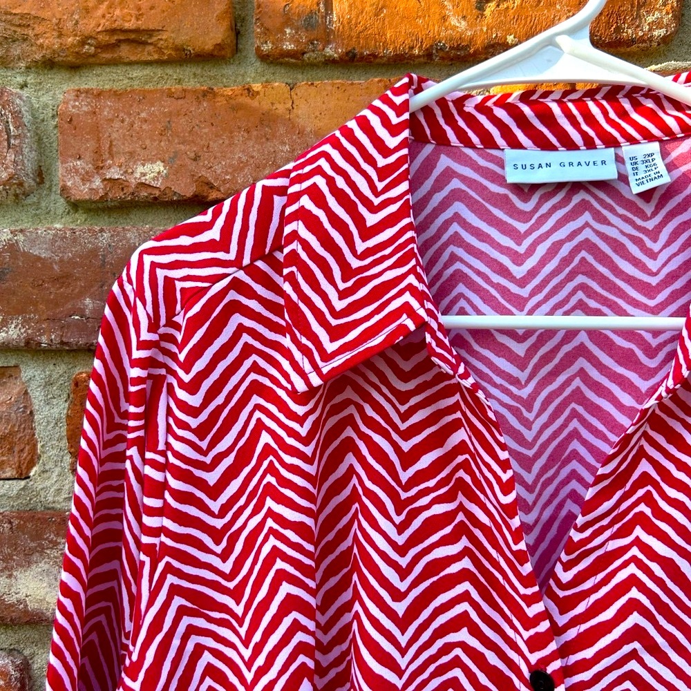 Susan Graver Red and White Casual Button Down Shirt 2XP
